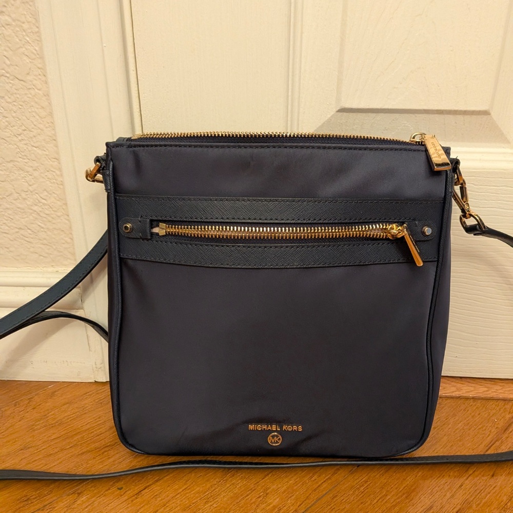 Michael Kors Navy Nylon Crossbody Bag Gold Hardware MK Logo Adjustable Strap